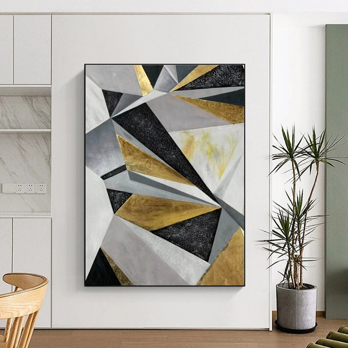 Modern Art Acrylic Gold, Gray & Black Geometric Abstract Art HS410