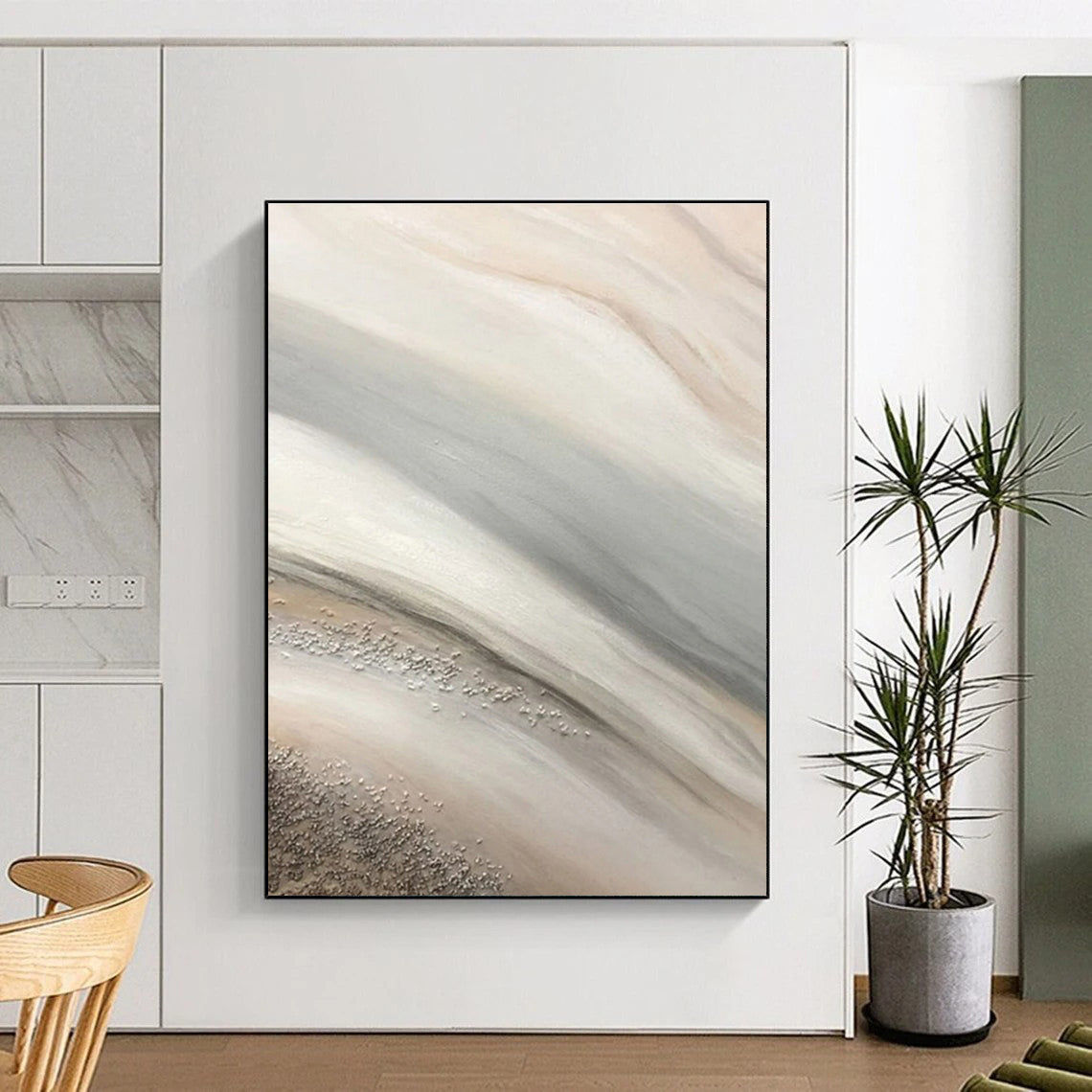 Hand Painted Art Beige and Gray Flowing Textures with Metallic Accents, Oversized Abstract Wall Art HS544