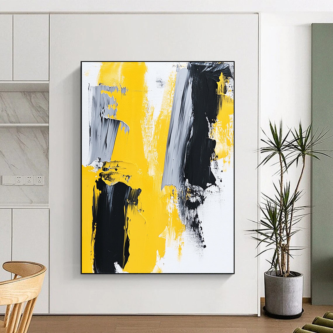 Large Size Yellow, Black, and Gray Abstract Expressive Painting For Sale HS134