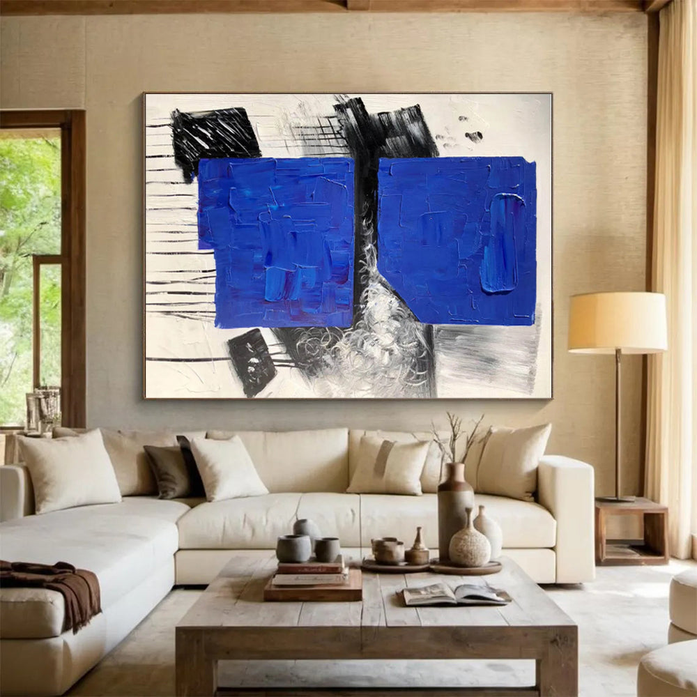 Hand-Painted Blue, Black & White Textured Abstract, Acrylic Modern Art Painting HS411