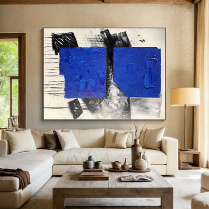 Hand-Painted Blue, Black & White Textured Abstract, Acrylic Modern Art Painting HS411