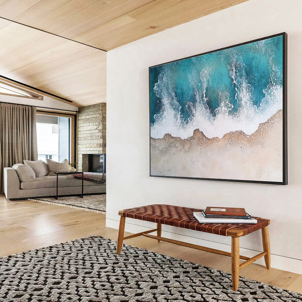 Big Size Teal, White, and Beige Textured Abstract Seashore - Acrylic Painting WB290