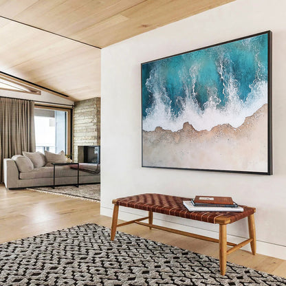 Big Size Teal, White, and Beige Textured Abstract Seashore - Acrylic Painting WB290