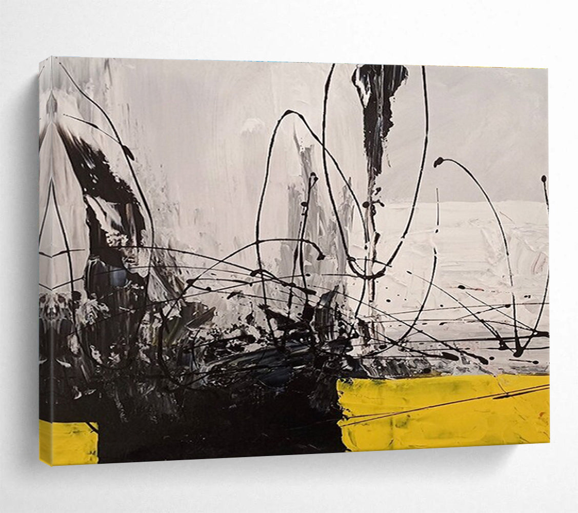 Big Size Black, White, and Yellow Abstract Linear Art, Abstract Acrylic Painting WB168