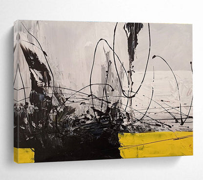 Big Size Black, White, and Yellow Abstract Linear Art, Abstract Acrylic Painting WB168