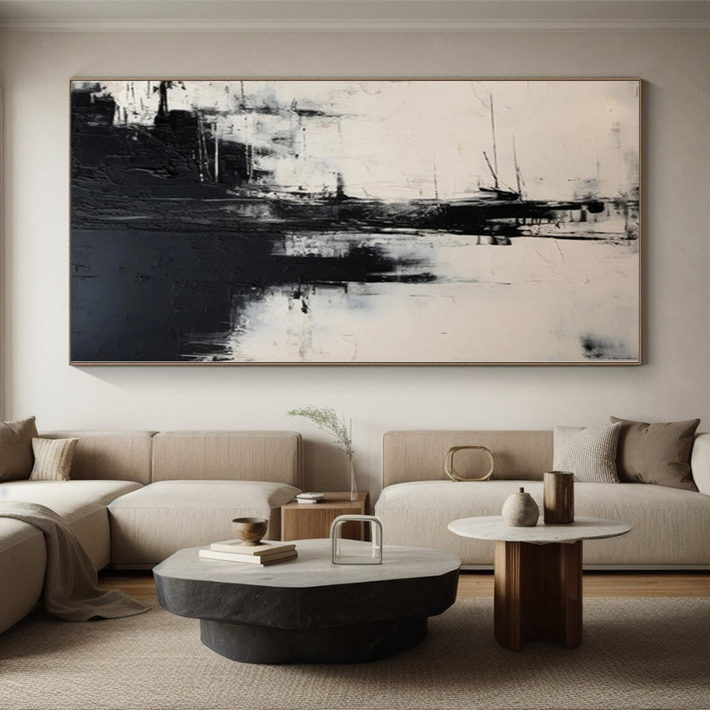 Hand-Painted Black and White Abstract Urban Landscape Painting For Sale HS056