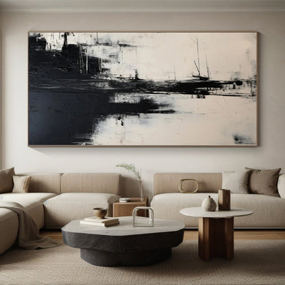 Hand-Painted Black and White Abstract Urban Landscape Painting For Sale HS056