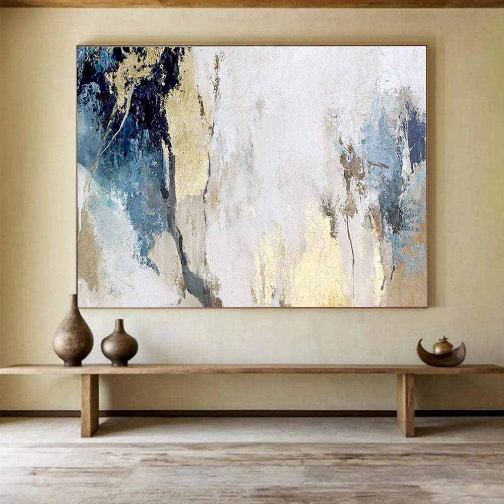 Blue, White, Gold Abstract Painting – Textured Acrylic Art WB042