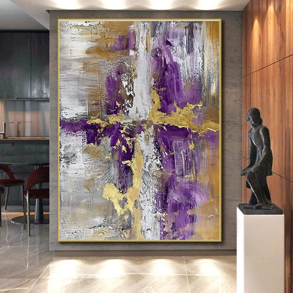 Modern Art Acrylic Purple, Gold, and Gray Abstract Composition HS593