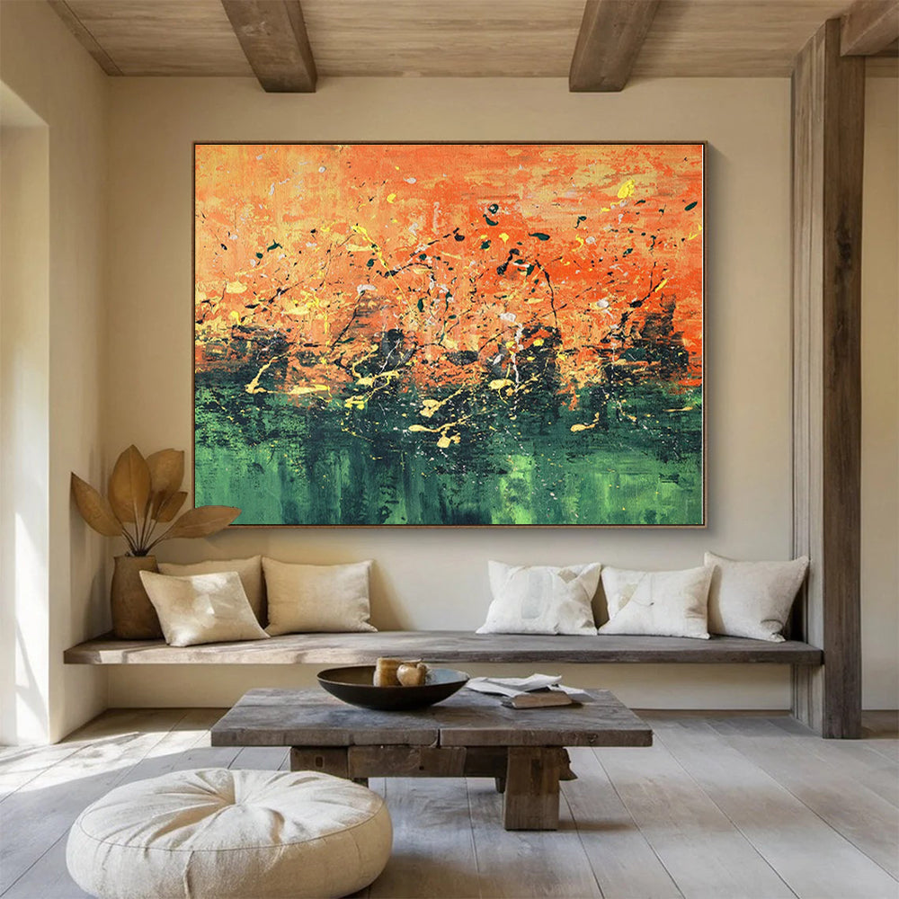 Oversized Canvas Art Orange and Green Abstract Splatter Painting WB053
