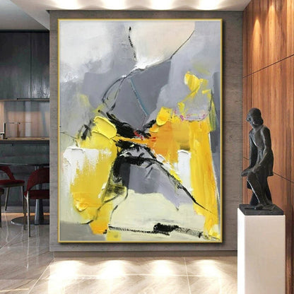 Hand-Painted Acrylic Modern Art Paintings with Yellow, Gray, Black Energetic Forms - Large Contemporary Wall Art HS526