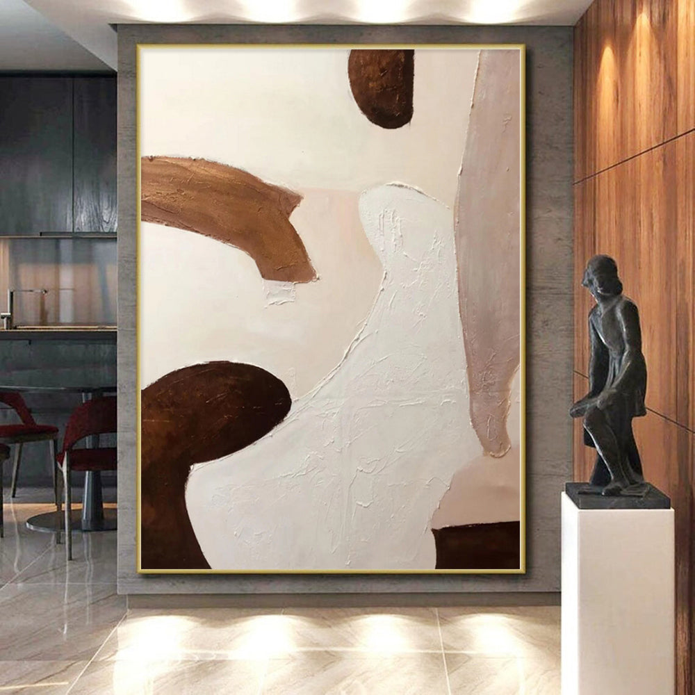 Hand-Painted Brown, White, and Beige Abstract Shape Painting For Sale HS040