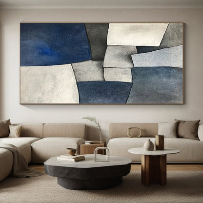 Hand Painted Art Blue, Gray, and White Abstract Shape Painting For Sale HS139