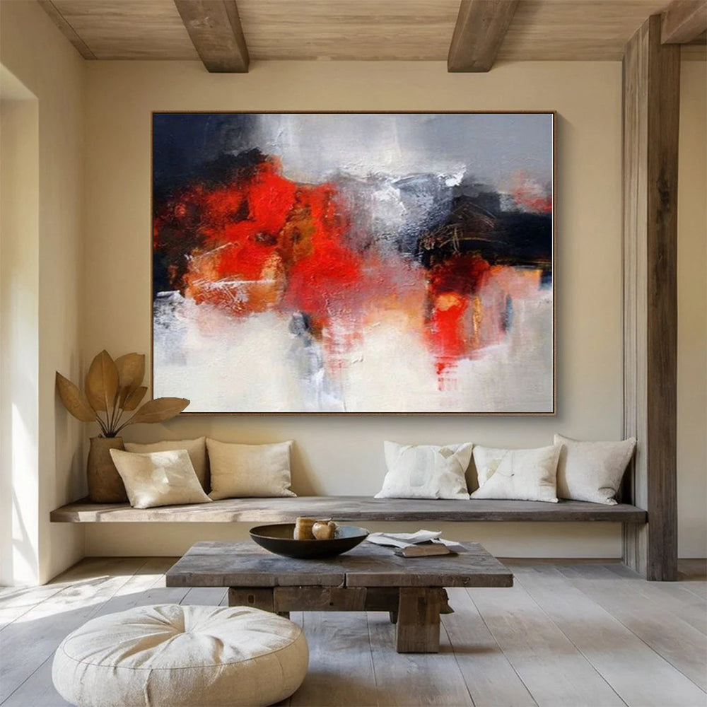 Oversized Canvas Art Red, Gray and White Abstract Expressionist Painting WB102