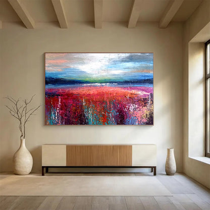 Blue, Pink, Red, Green Abstract Field and Sky Painting, Abstract Acrylic Art WB008