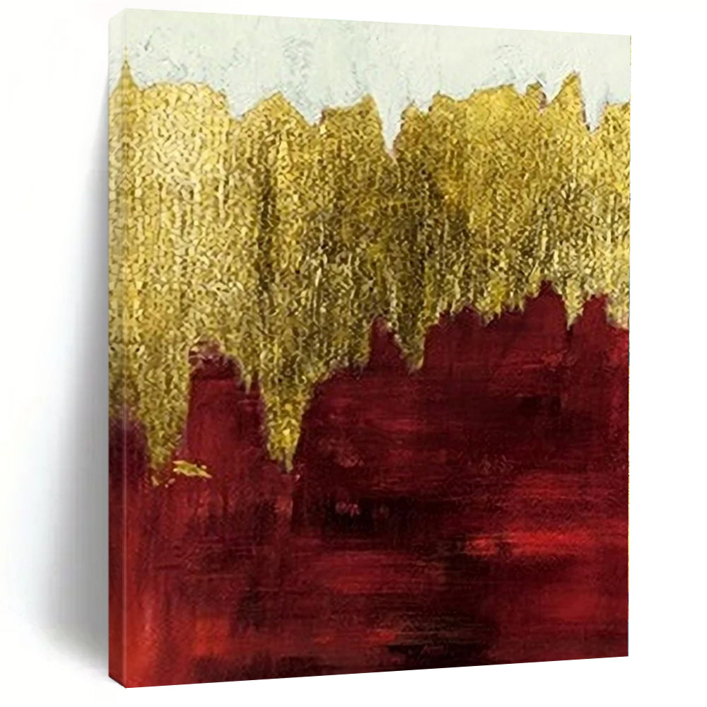 Hand-Painted Red and Gold Abstract Landscape Painting For Sale HS066