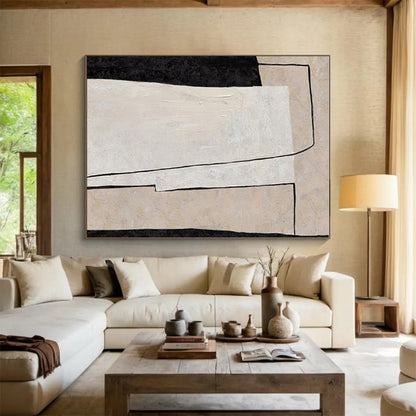 Hand Painted Art Beige, Black, and White Geometric Abstract Art HS698