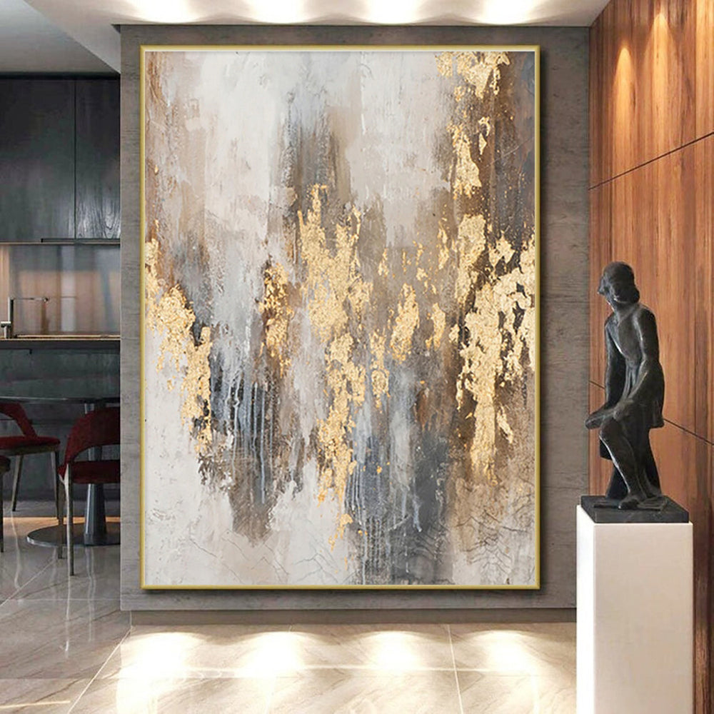 Large Size Acrylic Modern Art Paintings with Gold, Gray, Brown Textures - Oversized Abstract Wall Art HS503