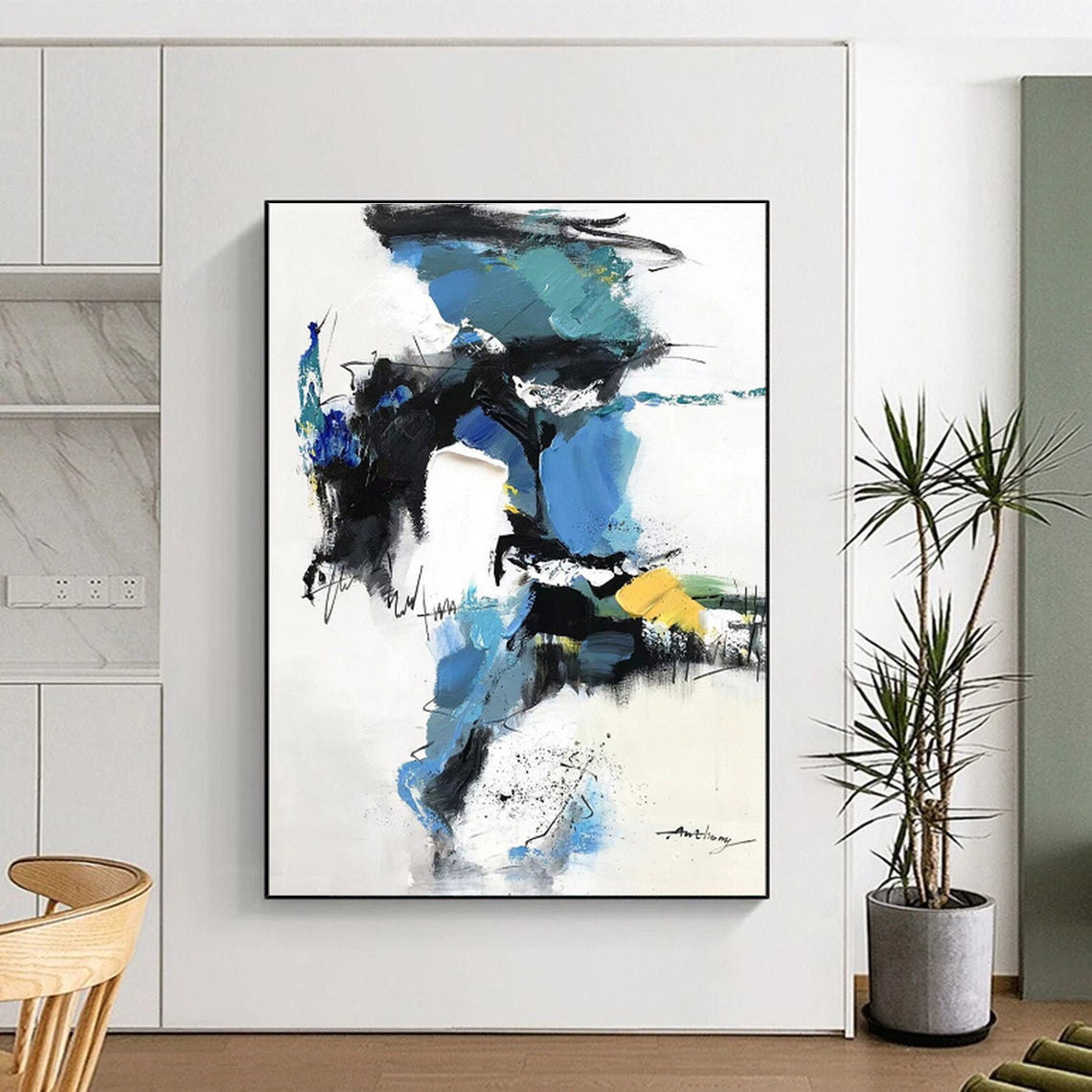 Hand Painted Art Blue, Black, and Yellow Dynamic Abstract Painting On Canvas HS791