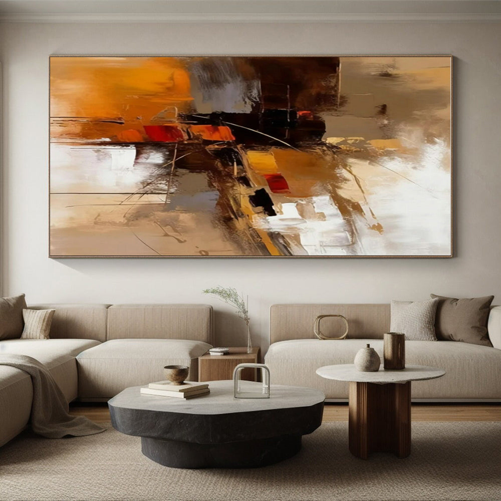 Hand-Painted Acrylic Modern Art Paintings with Brown, Gray, White Dynamic Shapes - Oversized Abstract Wall Art HS519