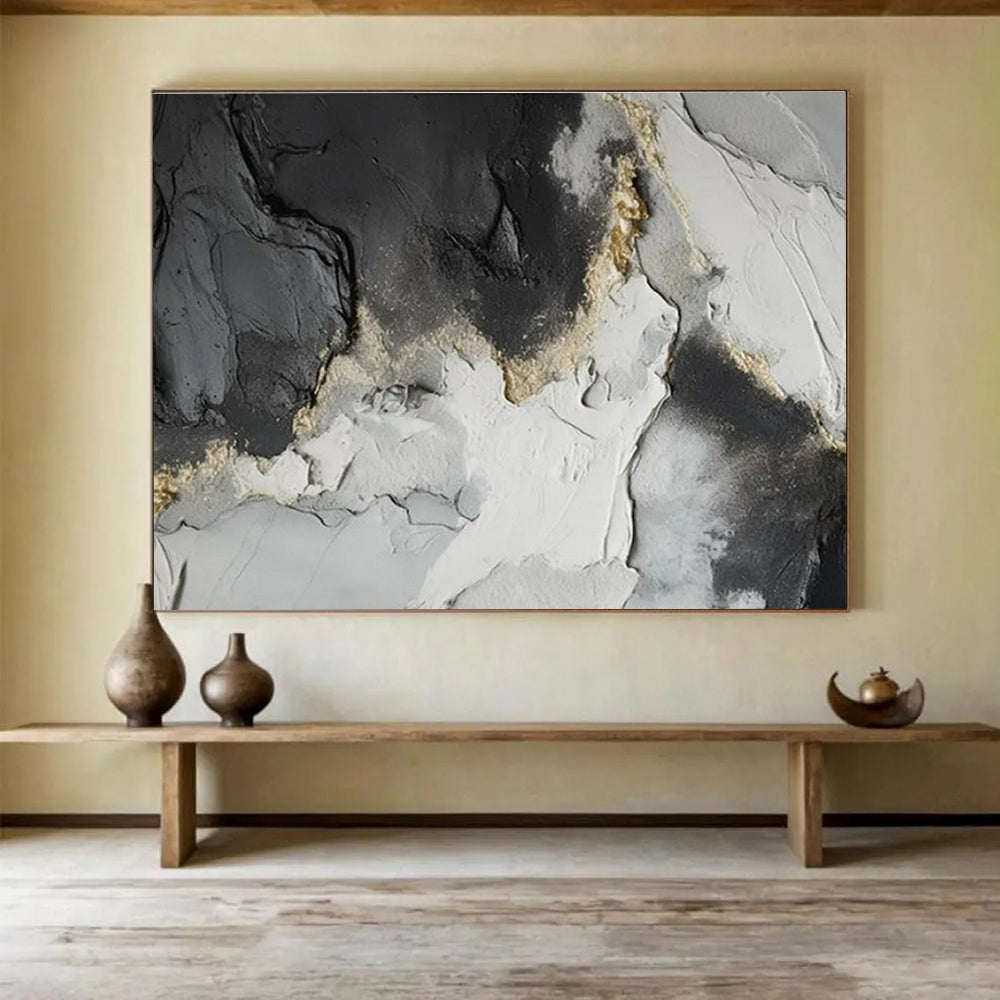 Contemporary Abstract Art: Black Grey and Gold Textured Abstract Painting WB361