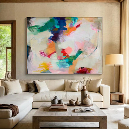 Hand Painted Art Colorful Abstract Acrylic Painting with Pink, Blue, Green, Yellow - Large Painting In Living Room HS516