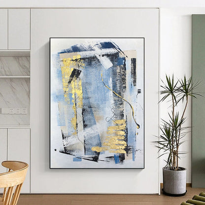 Modern Art Acrylic Blue, Gray & Gold Abstract Geometric Art HS399