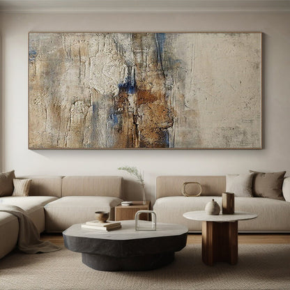 Handmade Art Beige, Brown, and Blue Textured Abstract Landscape HS630