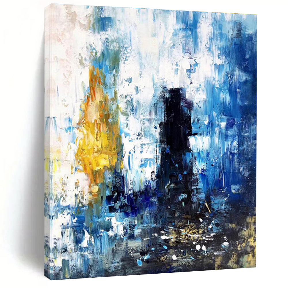 Hand-Painted Blue, Yellow & Black Gestural Abstract, Acrylic Modern Art Painting HS432