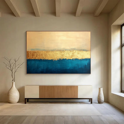 Horizontal Blue, Gold, and Beige Textured Abstract Art WB270
