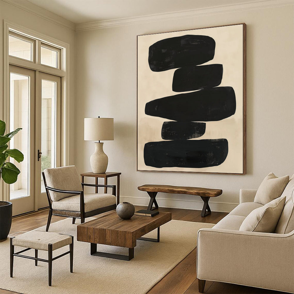 Big Painting Black & Beige Abstract Stacked Shapes Art HS375
