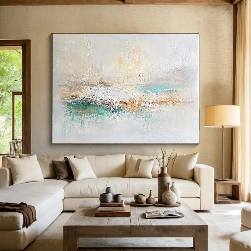 Big Size Beige, Teal, and Brown Abstract Calm Landscape - Acrylic Painting WB280