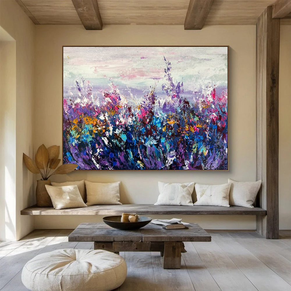 Hand Paintings: Purple Pink and Blue Floral Field Abstract Painting WB345