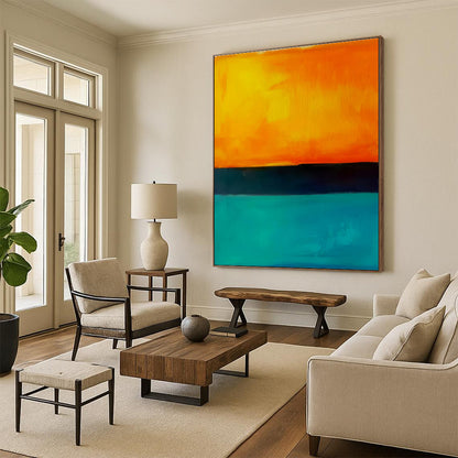 Orange, Teal, and Black Abstract Sunset Seaside Painting For Sale WS498