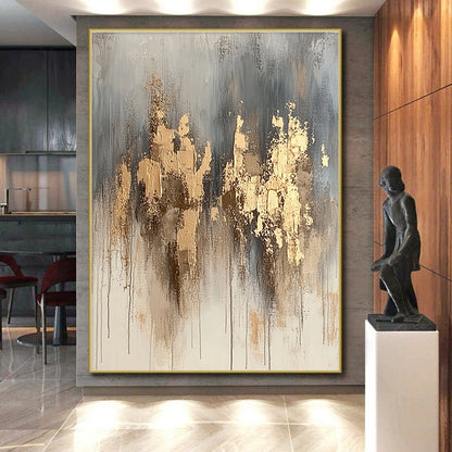 Hand Painted Art Gray and Gold Abstract Textured Painting For Sale HS170