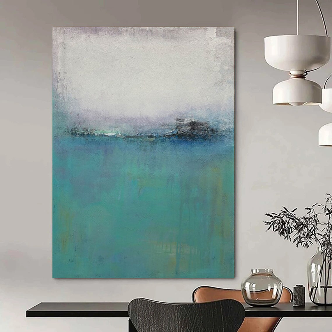 Turquoise, Gray, and White Misty Abstract Seaside Painting For Sale Online WS476