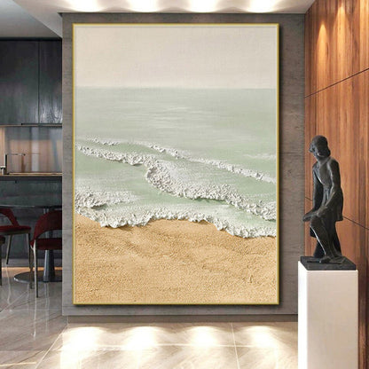 Gaint Canvas Art Beige and Green Abstract Seaside Painting For Sale HS075