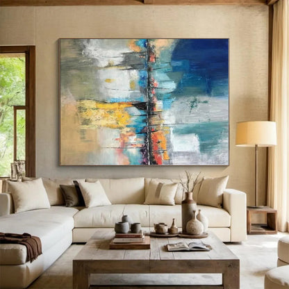 Acrylic Modern Art Paintings Blue, Gray, and Orange Dynamic Abstract Painting On Canvas HS806