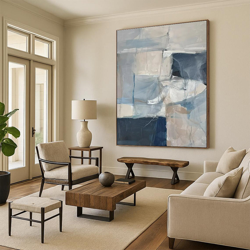 Modern Art Acrylic Blue, Gray, and Beige Geometric Abstract Art HS722