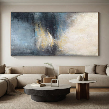 Modern Art Acrylic Blue, Gray, and Gold Textured Abstract Landscape HS707