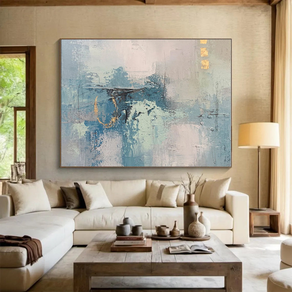 Huge Size Blue, Gray and Gold Abstract Textured Painting WB133