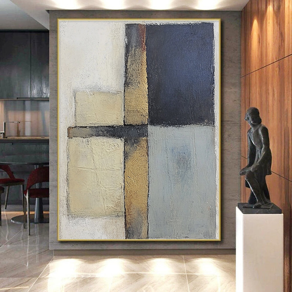 Modern Art Acrylic Beige, Black, and Gold Abstract Geometric Painting For Sale HS159