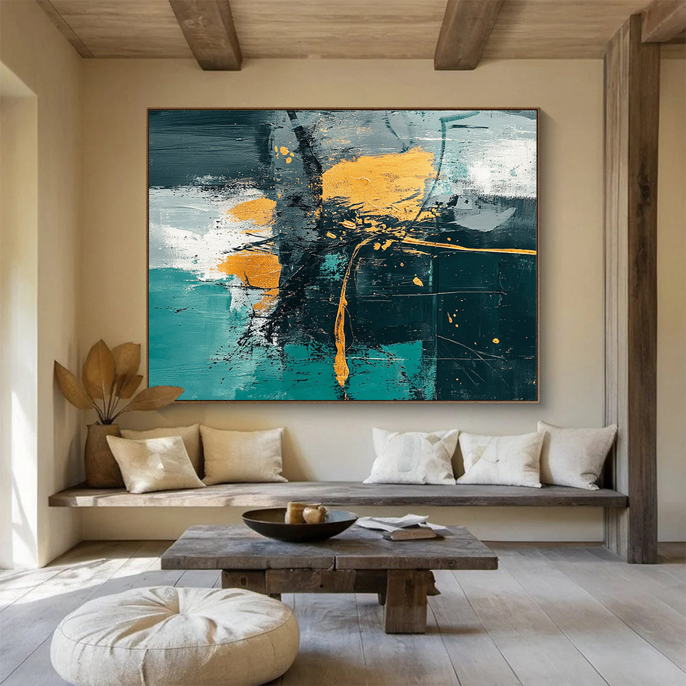 Contemporary Abstract Painting with Teal, Gold, Black and White Colors, Expressive Abstract Theme WB327