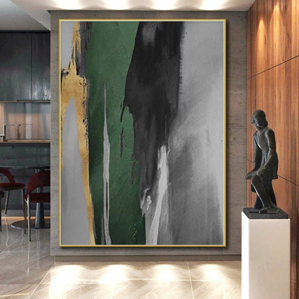 Hand-Painted Green, Black, and Gold Abstract Vertical Strokes Painting For Sale HS002