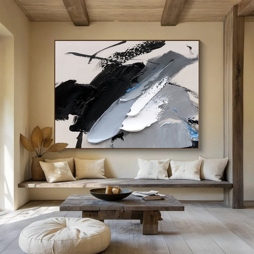 Oversized Canvas Art Black, Gray and White Abstract Textured Painting WB087