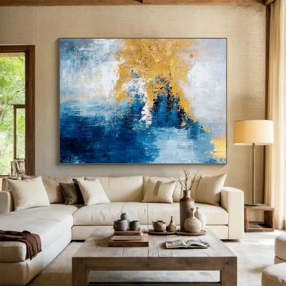 Acrylic Modern Art Paintings Blue, Gold, and White Abstract Art HS654