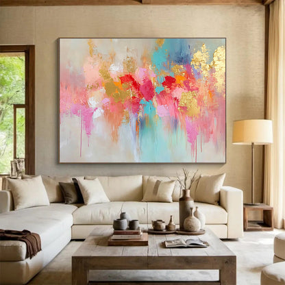 Hand Painted Art with Pink, Gold, Turquoise and Red Colors, Colorful Abstract Floral Theme WB302