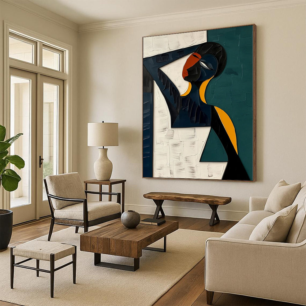 Teal, Orange, Black Abstract Figurative Art For Living Room and Bedroom WS423
