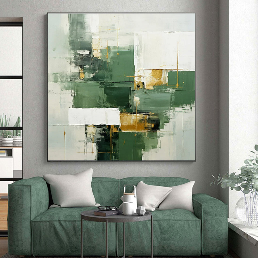 Unique Abstract Art Green, White, and Gold Geometric Abstract Painting On Canvas HS800