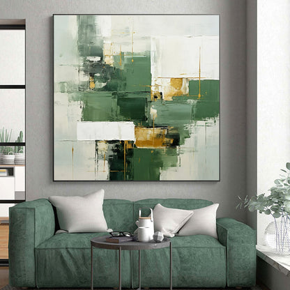 Unique Abstract Art Green, White, and Gold Geometric Abstract Painting On Canvas HS800